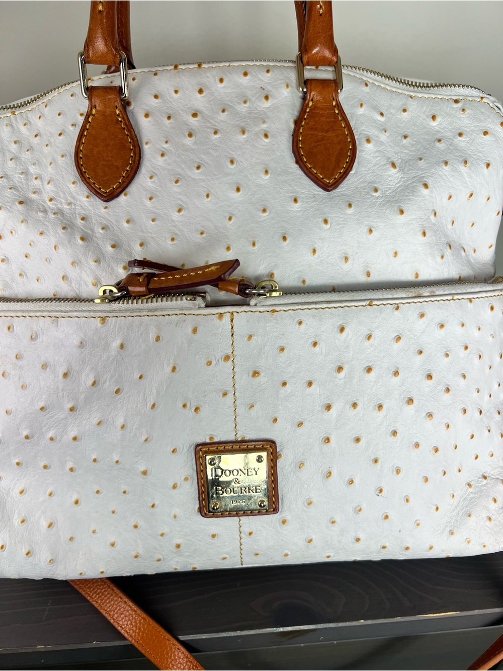 Dooney & Bourke White Ostrich Embossed Leather Satchel Tote Bag - Picture 4 of 16